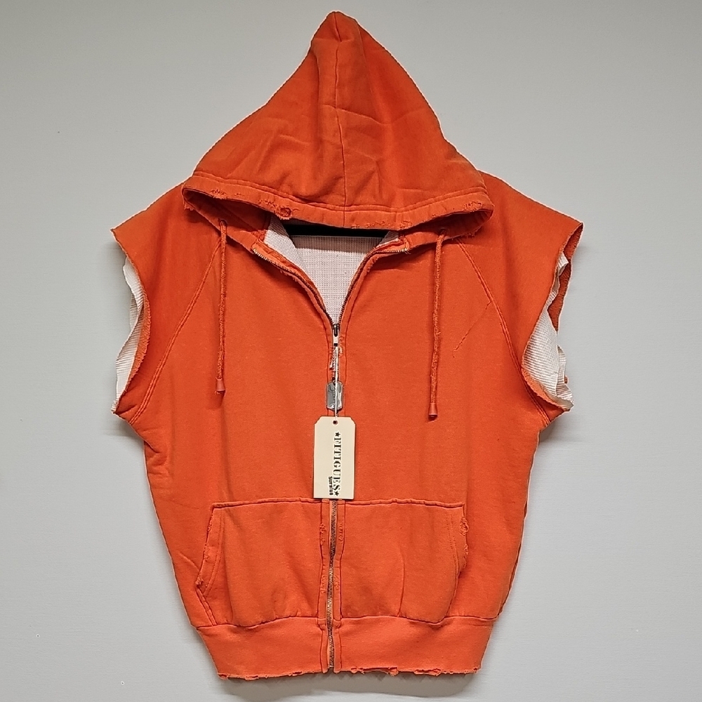 Fitiques Surplus Orange Hoodie Vest Distressed & Waffle Knit Lined NEW Size S